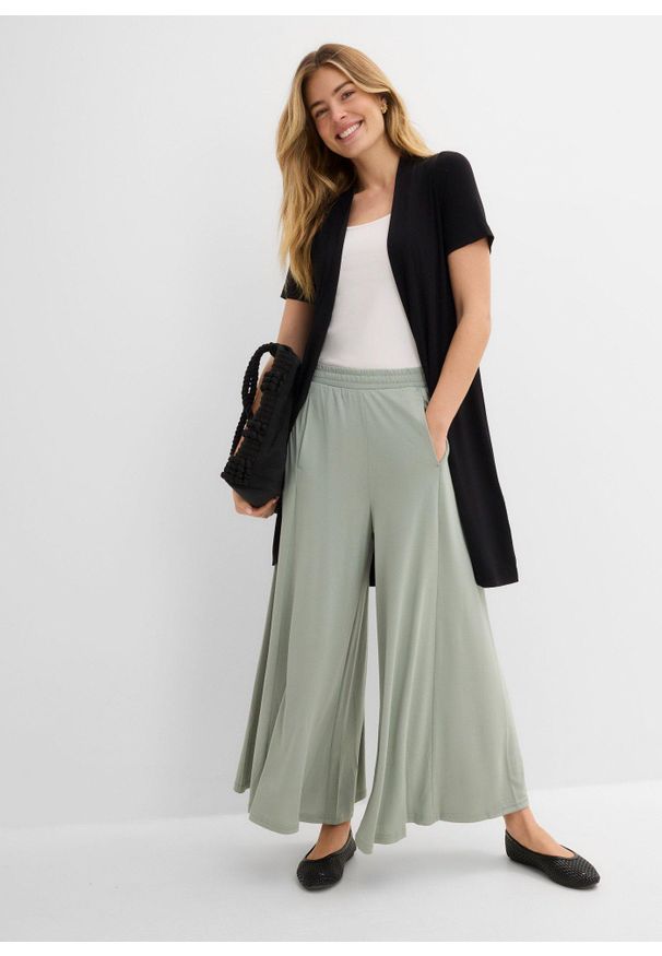 bonprix - Spodnie culotte z dżerseju, z szerokimi nogawkami. Kolor: zielony. Materiał: jersey