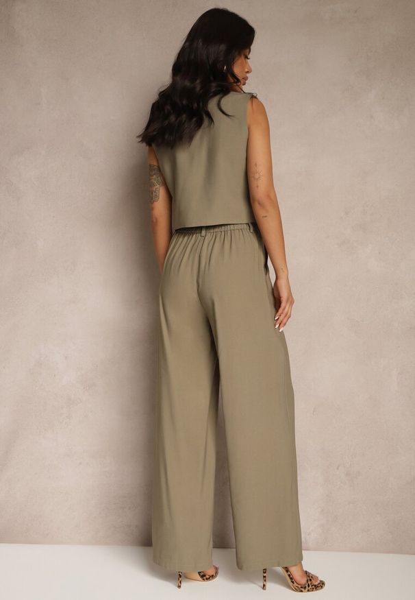 Renee - Zielony Wiskozowy Komplet o Garniturowym Kroju Kamizelka i Spodnie Soreya. Kolor: beżowy. Materiał: wiskoza. Wzór: aplikacja