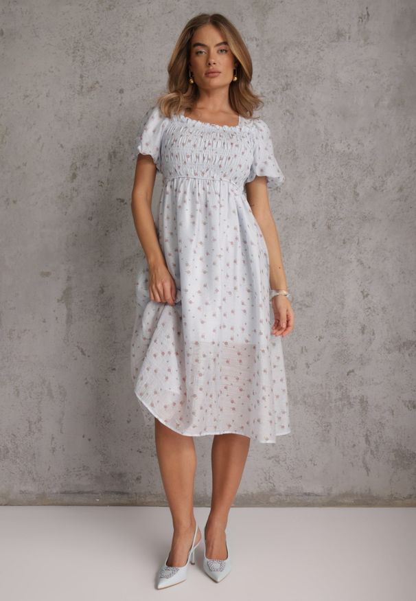 Renee - Niebieska Rozkloszowana Sukienka z Tencelu w Stylu Baby Doll w Kwiatowy Print Harele. Okazja: na co dzień. Kolor: niebieski. Wzór: nadruk, kwiaty. Typ sukienki: rozkloszowane. Materiał: poliester. Długość rękawa: krótki rękaw. Sezon: lato. Styl: casual. Długość: mini