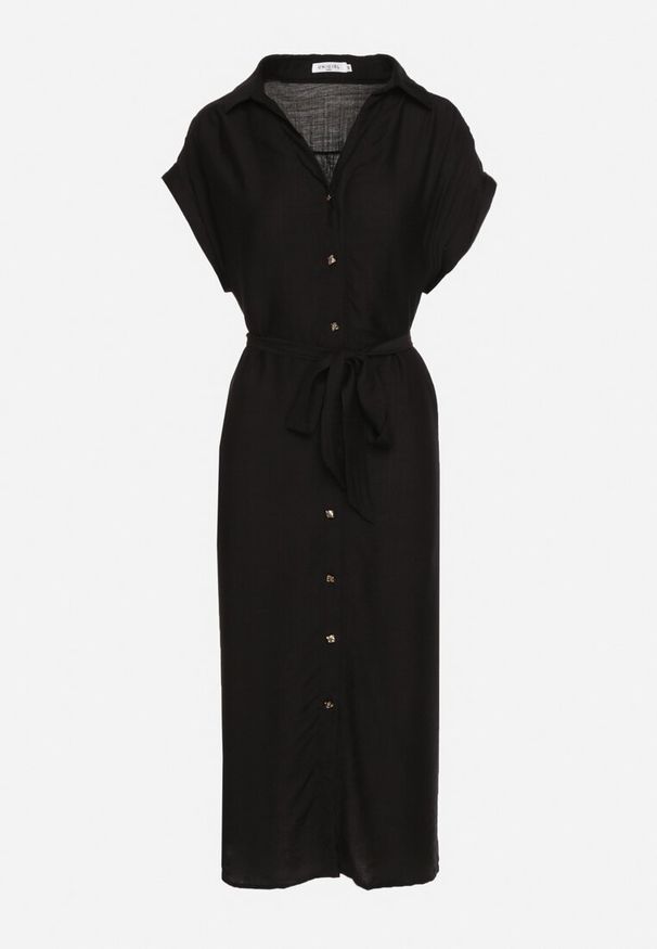 Born2be - Czarna Koszulowa Sukienka na Guziki z Materiałowym Paskiem w Talii Qisofia. Okazja: na co dzień, na imprezę. Typ kołnierza: dekolt w kształcie V. Kolor: czarny. Materiał: materiał. Typ sukienki: koszulowe. Styl: casual, elegancki, klasyczny