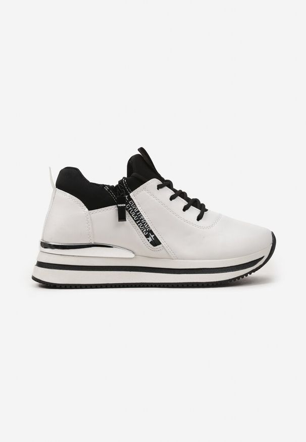 Renee - Biało-Czarne Sznurowane Sneakersy na Niskiej Platformie z Ozdobnym Suwakiem Alirapa. Nosek buta: okrągły. Zapięcie: sznurówki. Kolor: biały. Materiał: materiał. Obcas: na platformie. Wysokość obcasa: niski
