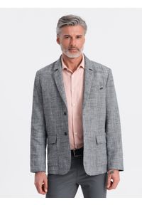 Ombre Clothing - Marynarka męska o kroju REGULAR z lnem - grafitowa V5 - Rozmiar: XL. Okazja: do pracy. Kolor: szary. Materiał: len. Wzór: aplikacja. Styl: klasyczny, elegancki