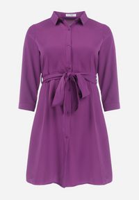 Born2be - Fioletowa Rozkloszowana Mini Sukienka Zapinana na Guziki z Materiałowym Paskiem Vleco. Kolor: fioletowy. Materiał: materiał. Długość: mini #6