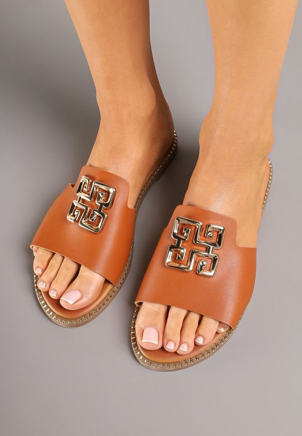 Renee - Brązowe Klapki z Metalowym Detalem Marinti. Kolor: brązowy