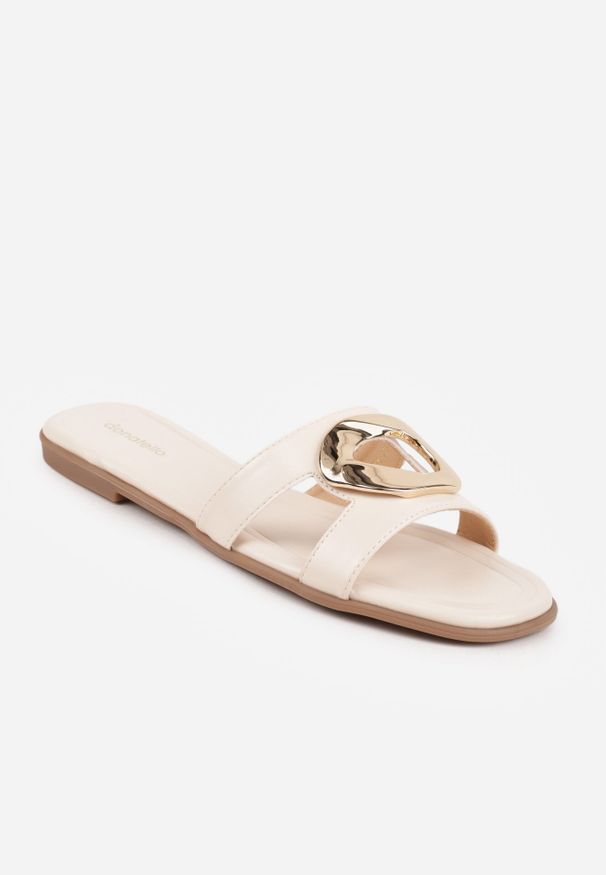 Born2be - Beżowe Klapki Ozdobione Geometryczną Klamrą i Wycięciami Felixis. Okazja: na co dzień, do pracy, na spacer. Kolor: beżowy. Materiał: jeans. Wzór: geometria, aplikacja. Sezon: lato. Styl: casual, klasyczny