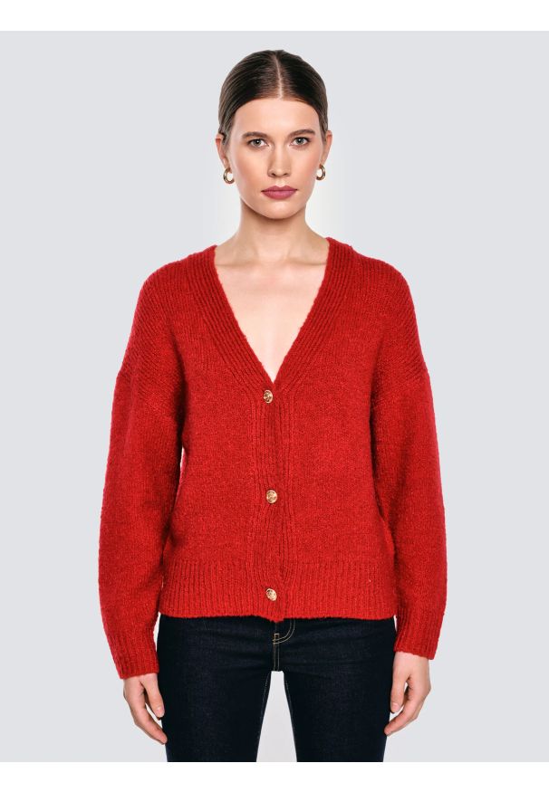 Big-Star - Kardigan damski z dodatkiem wełny czerwony Kardila 603. Okazja: do pracy, na spacer, na co dzień, na spotkanie biznesowe. Kolor: czerwony. Materiał: wełna. Wzór: ze splotem. Styl: casual, klasyczny, biznesowy