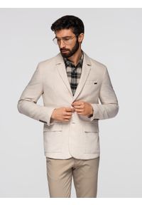 Ombre Clothing - Męska marynarka o kroju REGULAR z lnem - kremowa V1 - Rozmiar: XXL. Okazja: do pracy. Kolor: kremowy. Materiał: len. Wzór: aplikacja. Styl: elegancki, klasyczny