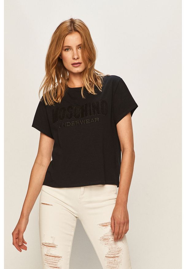 Moschino Underwear - T-shirt. Okazja: na co dzień. Kolor: czarny. Materiał: bawełna, dzianina, elastan. Wzór: nadruk. Styl: casual
