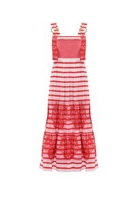 CATERINA - Zwiewna sukienka midi w paski. Kolor: czerwony. Długość rękawa: na ramiączkach. Wzór: paski. Długość: midi