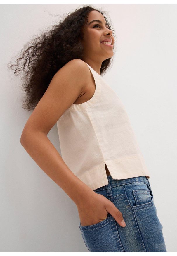 bonprix - Top bluzkowy z chłodzącego materiału z lnem. Kolor: beżowy. Materiał: materiał, len. Wzór: gładki