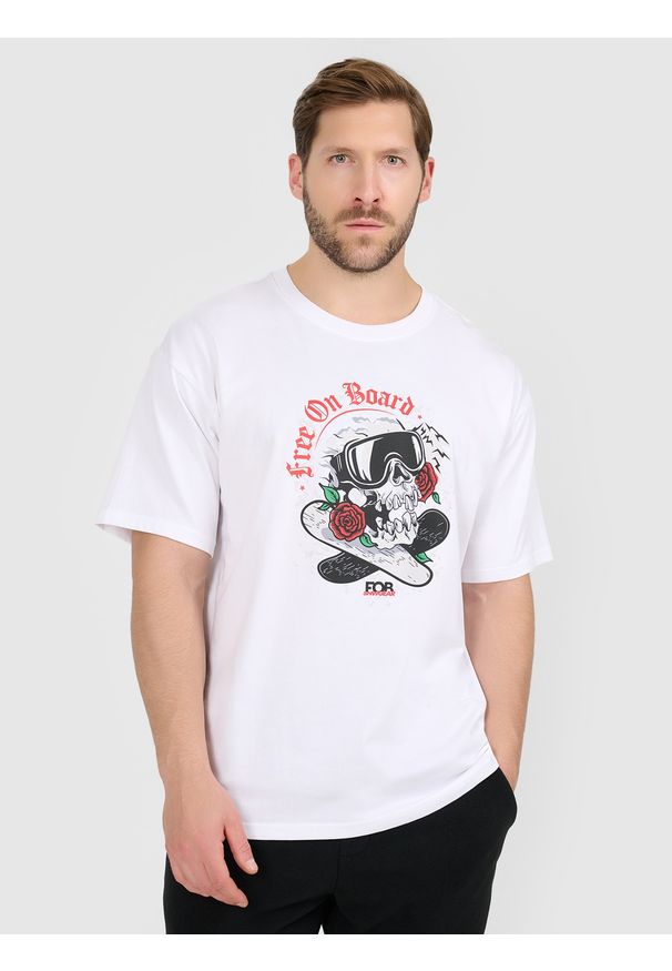 4f - 4F T-shirt loose z nadrukiem męski - biały L. Okazja: na co dzień. Kolor: biały. Materiał: dzianina, bawełna, materiał. Wzór: nadruk. Styl: casual