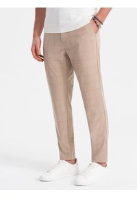 Ombre Clothing - Męskie spodnie o klasycznym kroju w delikatną kratę - piaskowe V2 OM-PACP-0187 - XXL. Materiał: poliester, materiał, wiskoza. Styl: klasyczny #5
