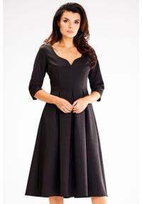 Awama - Rozkloszowana Sukienka z Dekoltem w Serce - Czarna. Kolor: czarny. Materiał: elastan, poliester