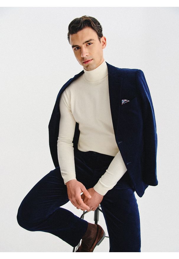 Pako Lorente - PAKO LORENTE - Granatowa sztruksowa marynarka męska. Okazja: na co dzień. Kolor: niebieski, brązowy. Materiał: sztruks. Styl: casual