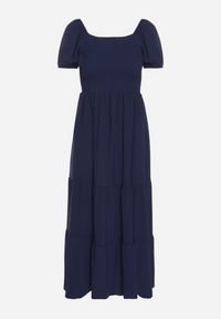 Born2be - Granatowa Rozkloszowana Sukienka z Dekoltem Typu Hiszpanka z Marszczeniem Lumorice. Okazja: na co dzień. Typ kołnierza: dekolt hiszpanka. Kolor: niebieski. Styl: casual, elegancki #7