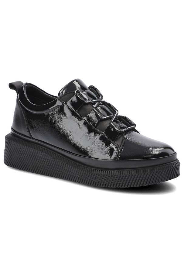 Czarne Półbuty Ravini Damskie Eleganckie Buty. Okazja: do pracy, na spotkanie biznesowe. Zapięcie: sznurówki. Kolor: czarny. Materiał: skóra, lakier. Szerokość cholewki: normalna. Wzór: aplikacja. Obcas: na koturnie. Styl: elegancki