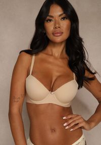 Renee - Beżowy Gładki Biustonosz o Klasycznym Fasonie Amanei. Kolor: beżowy. Wzór: gładki #2