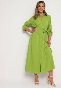 Born2be - Zielona Rozpinana Sukienka Koszulowa z Regulowanymi Rękawami Grimoire. Kolor: zielony. Materiał: tkanina. Typ sukienki: koszulowe