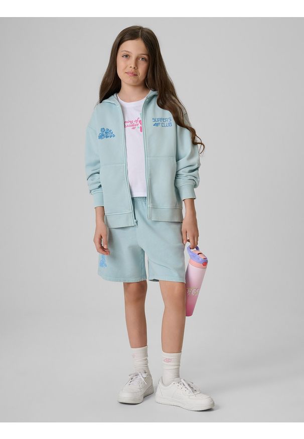 4f - 4F Bluza dresowa loose z kapturem dziewczęca - niebieska 158/164 (12-14 lat). Okazja: na co dzień. Typ kołnierza: kaptur. Kolor: niebieski. Materiał: dresówka. Wzór: nadruk. Sezon: lato. Styl: wakacyjny, casual