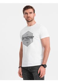 Ombre Clothing - T-shirt męski bawełniany z nadrukiem geometrycznym i logotypem - biały V1 OM-TSPT-0141 - XXL. Kolor: biały. Materiał: bawełna. Wzór: nadruk, geometria
