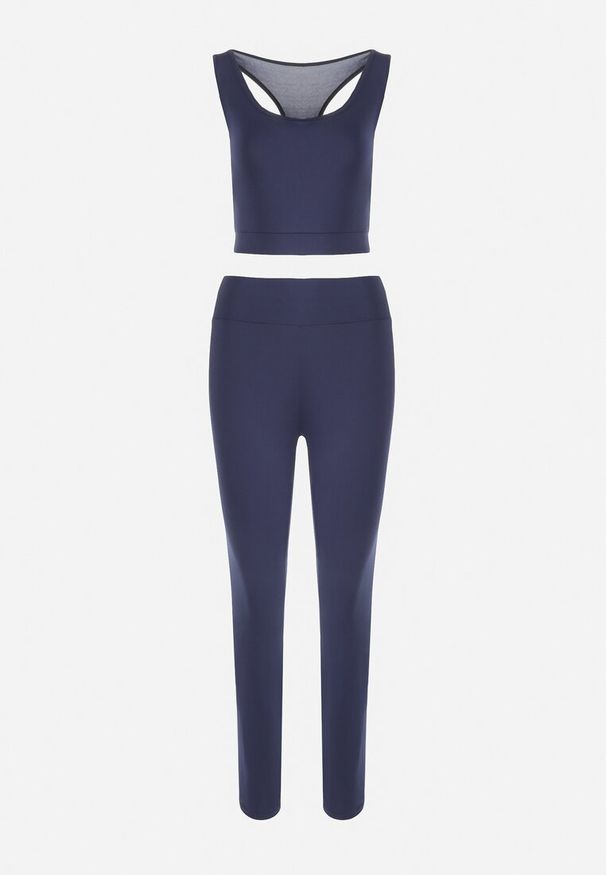 Born2be - Granatowy Komplet Sportowy 3-częściowy Bluza Legginsy i Top Fika. Kolor: niebieski. Sport: turystyka piesza