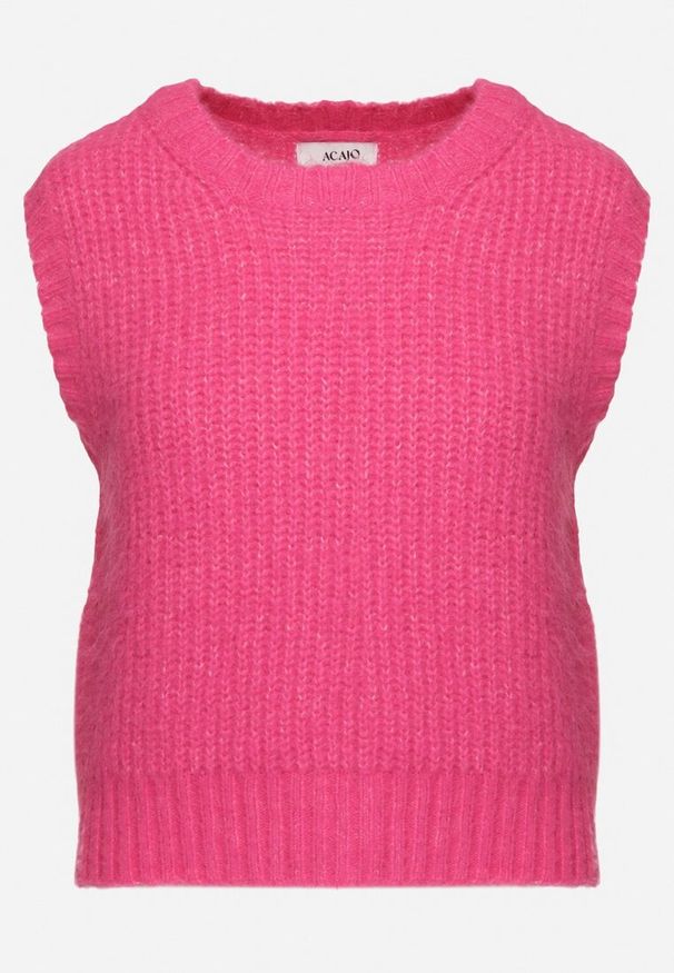 Born2be - Różowa Prążkowana Kamizelka z Wełną w Stylu Sweterka Sintille. Kolor: różowy. Materiał: prążkowany, wełna. Wzór: prążki, aplikacja. Styl: elegancki