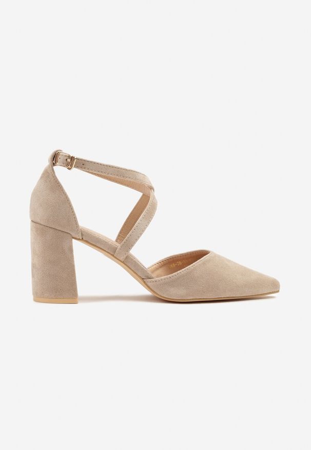 Renee - Ciemnobeżowe Czółenka Vices na Słupku ze Skórzaną Wkładką Ozdobione Paskami Learelia. Okazja: na ślub cywilny, na wesele. Zapięcie: pasek. Kolor: beżowy. Materiał: skóra. Wzór: aplikacja. Obcas: na słupku. Styl: wizytowy. Wysokość obcasa: średni