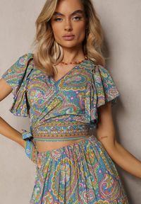 Renee - Niebieski Wiskozowy Komplet 2-Częściowy w Print Paisley Długa Spódnica i Kopertowy Top Aeodosia. Kolor: niebieski. Materiał: wiskoza. Wzór: paisley, nadruk #5