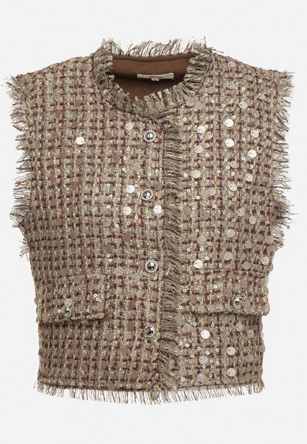 Born2be - Zielono-Złota Kamizelka z Wełną Imitacją Kieszeni Cekinami i Metaliczną Nitką Kesaltia. Okazja: na co dzień. Kolor: zielony. Materiał: wełna. Wzór: aplikacja. Styl: klasyczny, casual, elegancki