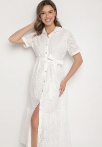 Born2be - Biała Bawełniana Koszulowa Sukienka Ażurowa z Paskiem Fevaila. Okazja: na co dzień. Kolor: biały. Materiał: bawełna. Długość rękawa: krótki rękaw. Wzór: ażurowy. Typ sukienki: koszulowe. Styl: casual, elegancki, klasyczny #5