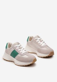 Renee - Beżowo-Zielone Skórzane Sneakersy z Materiałowymi Wstawkami Celana. Kolor: beżowy. Materiał: materiał, skóra. Wzór: aplikacja #2
