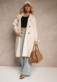 Renee - Beżowy Płaszcz o Dwurzędowym Fasonie z Paskiem Nivela. Kolor: beżowy. Materiał: jeans. Długość rękawa: długi rękaw. Długość: długie. Styl: elegancki