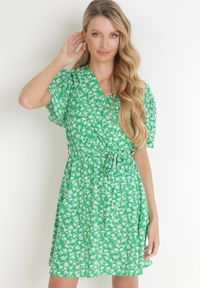 Born2be - Zielona Sukienka z Gumką w Talii i Kopertowym Dekoltem Kolone. Kolor: zielony. Typ sukienki: kopertowe #4