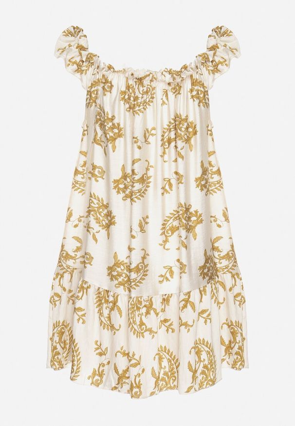 Born2be - Beżowa Wiskozowa Sukienka Rozkloszowana z Falbanką Ellivine. Okazja: na imprezę. Typ kołnierza: kołnierz z falbankami. Kolor: brązowy. Materiał: wiskoza. Styl: elegancki