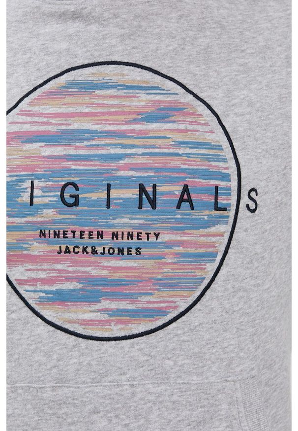 Jack & Jones Bluza męska kolor szary z kapturem z nadrukiem. Typ kołnierza: kaptur. Kolor: szary. Materiał: dzianina. Wzór: nadruk