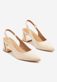 Born2be - Beżowe Sandały Vices na Obcasie ze Skórzaną Wkładką i Metalicznym Wzorem Sesenora. Okazja: na co dzień. Zapięcie: sprzączka. Kolor: beżowy. Materiał: skóra. Obcas: na obcasie. Styl: casual. Wysokość obcasa: średni #5