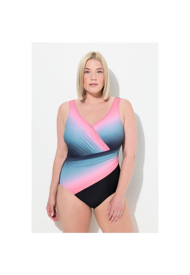 ULLA POPKEN - Damski Kostium kąpielowy cieniowanie miękkie miseczki drapowanie. Kolekcja: plus size. Kolor: czarny. Materiał: elastan, poliamid, materiał