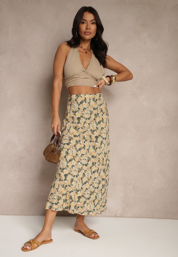 Renee - Zielono-Beżowa Rozkloszowana Spódnica z Wiskozy High Waist Fevanice. Okazja: na co dzień. Stan: podwyższony. Kolor: zielony. Materiał: wiskoza. Styl: casual, elegancki