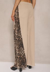 Renee - Beżowe Jeansy z Bawełny High Waist ze Wzorem Panterki Velliane. Okazja: na co dzień. Stan: podwyższony. Kolor: beżowy. Wzór: motyw zwierzęcy. Styl: casual