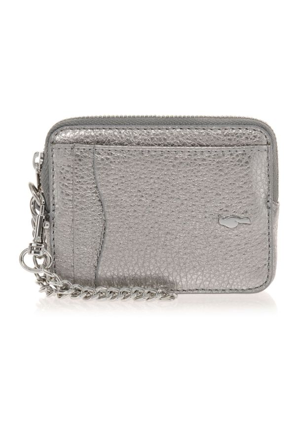 Ochnik - Mały srebrny skórzany portfel z łańcuszkiem. Kolor: srebrny. Materiał: skóra