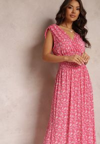 Renee - Ciemnoróżowa Rozkloszowana Sukienka Maxi z Gumką w Pasie i Głębokim Dekoltem Briasia. Kolor: różowy. Długość rękawa: bez rękawów. Wzór: kwiaty. Długość: maxi #5