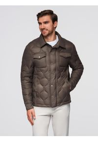 Ombre Clothing - Pikowana kurtka męska w koszulowym fasonie – khaki V3 - Rozmiar: XXL. Okazja: na co dzień. Kolor: brązowy. Materiał: poliester, materiał. Wzór: aplikacja. Styl: casual, elegancki #9