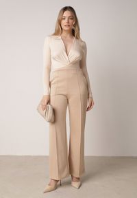 Born2be - Beżowe Eleganckie Spodnie z Bawełny i Wiskozy w Kant Valelia. Okazja: na co dzień, na spotkanie biznesowe, do pracy. Kolor: beżowy. Materiał: wiskoza, bawełna. Styl: elegancki #1