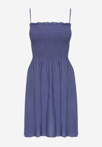 Renee - Granatowa Sukienka z Bawełny na Ramiączkach o Rozkloszowanym Kroju z Marszczoną Górą Christten. Okazja: na co dzień. Kolor: niebieski. Materiał: bawełna. Długość rękawa: na ramiączkach. Sezon: lato. Typ sukienki: rozkloszowane. Styl: boho, casual, elegancki #4