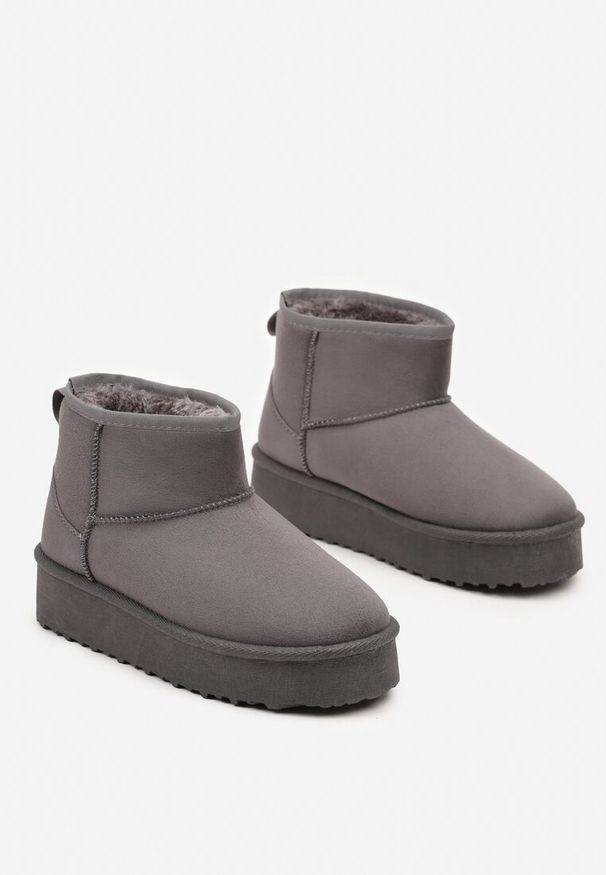 Born2be - Szare Śniegowce na Grubej Podeszwie Ozdobione Przeszyciami Vertilia. Okazja: na co dzień. Kolor: szary. Materiał: jeans, puch, wełna. Wzór: aplikacja. Sezon: zima. Styl: elegancki, casual