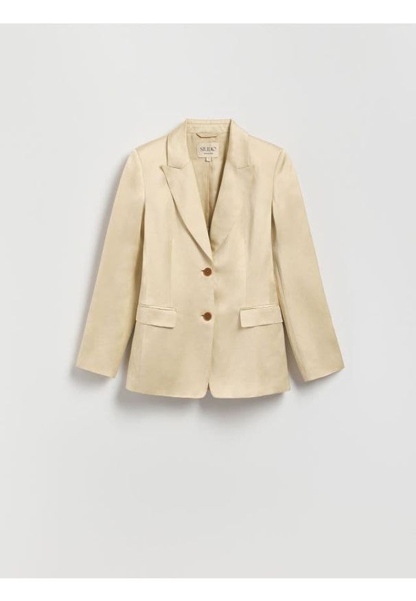 Reserved - Satynowa marynarka z domieszką lnu - kremowy. Kolor: kremowy. Materiał: satyna, len