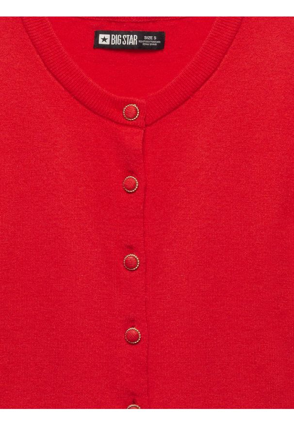 Big-Star - Sweter damski zapinany na guziki z krótkim rękawem czerwony Manona 603. Kolor: czerwony. Materiał: jeans, dzianina. Długość rękawa: krótki rękaw. Długość: krótkie. Styl: elegancki, klasyczny