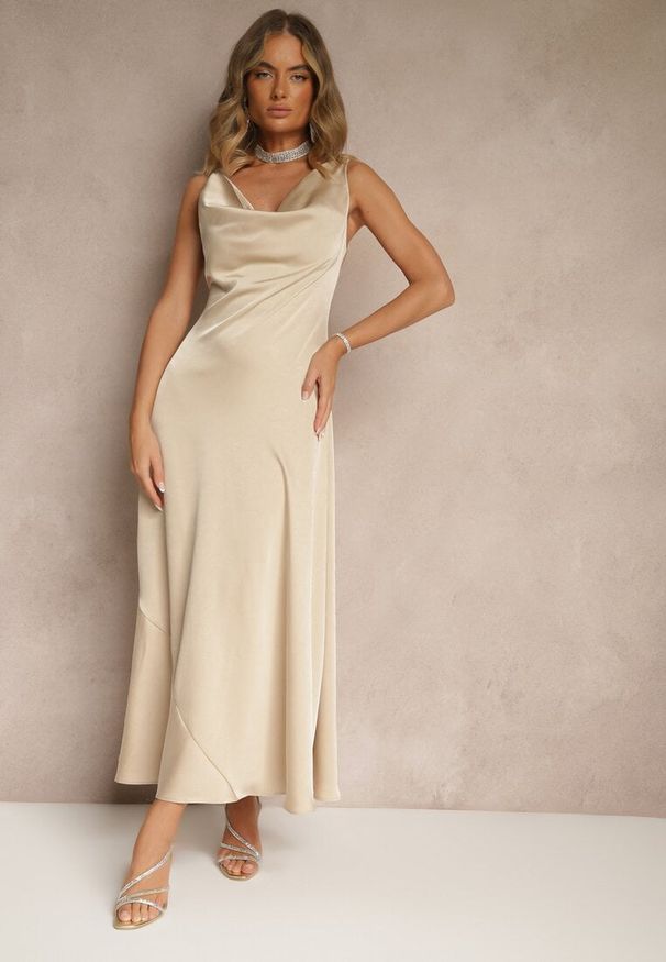 Renee - Beżowa Taliowana Sukienka Vices Wiązana przy Karku Zinvea. Kolor: beżowy. Typ sukienki: proste. Styl: elegancki