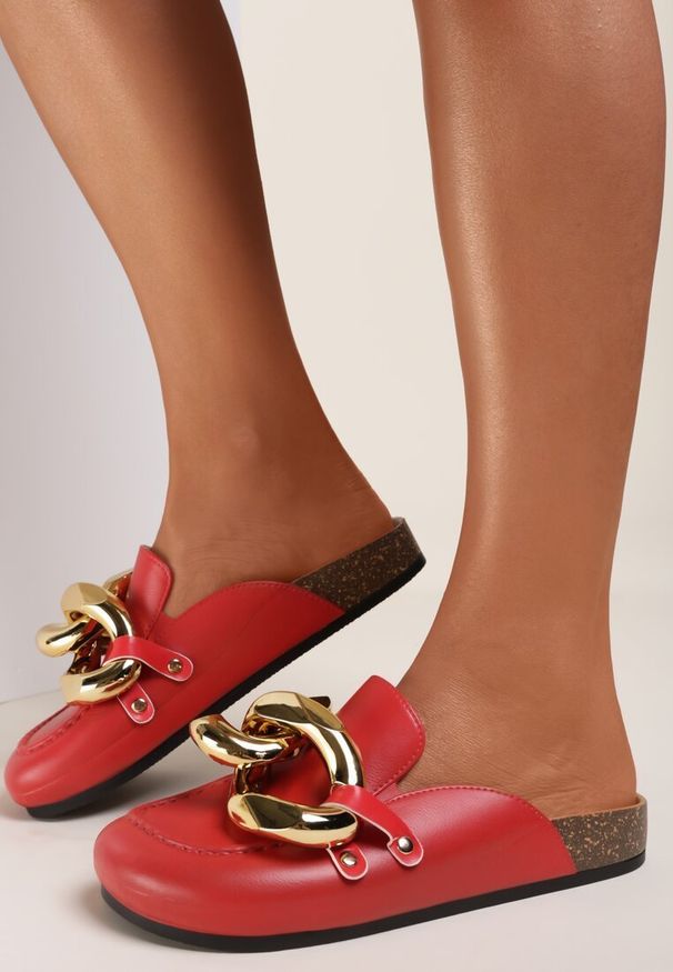 Renee - Czerwone Klapki Rogena. Nosek buta: okrągły. Kolor: czerwony. Wzór: aplikacja. Styl: elegancki