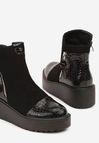 Born2be - Czarne Botki Vices na Platformie z Tłoczeniem Krokodyla Falarena. Okazja: na co dzień. Kolor: czarny. Materiał: jeans. Obcas: na platformie. Styl: klasyczny, casual #5